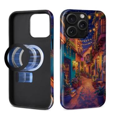 Imagem de MQJCYB Capa magnética para iPhone 15 Pro Max, compatível com Magsafe Hybrid Heavy Duty 2 em 1 Capa brilhante resistente à prova de choque para iPhone 15 Pro Max - Dreamy City Cactus