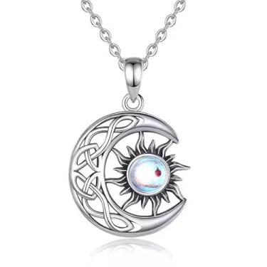 Imagem de DIAMANTIO Colar com pingente de lua celestial e sol banhado a ouro 18 K – Aço inoxidável com centro de opala, joia de declaração inspirada no celta