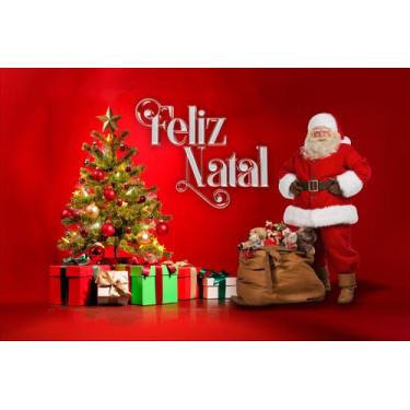 Imagem de Painel de Lona Feliz Natal Papai Noel Presentes na Arvore de Natal - F