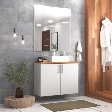 Imagem de Gabinete Para Banheiro Com Cuba E Espelho 80cm Mdf Freijo Com Branco Paris - On Móveis