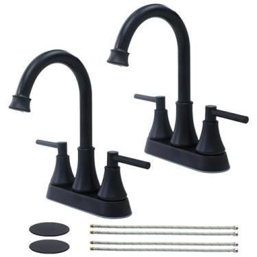 Imagem de Torneiras de banheiro para pia com 3 furos, Comllen 10 cm preto fosco torneira de pia de banheiro com ralo pop-up e 2 mangueiras de suprimento, torneira central de aço inoxidável sem chumbo para