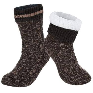 Imagem de Meias masculinas quentes de inverno com forro de lã felpuda, macias, aconchegantes, felpudas, espessas, de lã de ovelha, meias de Natal com aderências antiderrapantes na parte de baixo, Marrom mesclado, 6-10 Wide