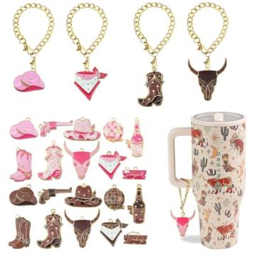 Imagem de LUHOHI 20 peças de pingentes ocidentais para viajantes de hidrojarra acessórios de garrafa de água de 1,134 g, chapéu de bota de cowboy e vaqueira, berloque de liga de liga para copo Stanley com alça