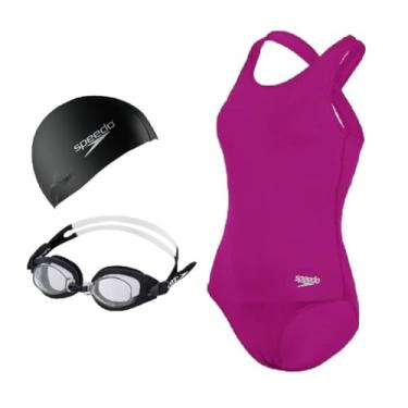 Imagem de Kit Natação Speedo Maiô Cross + Óculos Freestyle + Touca Flat Silicone (Rosa batom, GG 44)