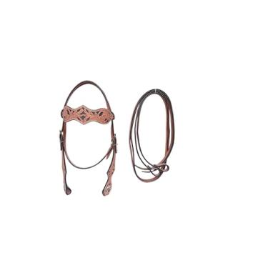 Imagem de LEATHERRIDE Cavalo Headstall, Headstall Western Browband e Rédeas Combo, Natural, Antiguidade, Ferramentaria, Quick Bit Change Headstall e Rédeas de Tamanho Livre para Cavalos (Marrom Claro)