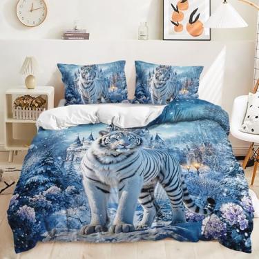 Imagem de AILONEN Conjunto de capa de edredom de tigre branco tamanho casal, tigre 3D, tema animal selvagem, conjunto de capa de edredom para crianças, meninas, castelo de flocos romântico, neve, estampa de