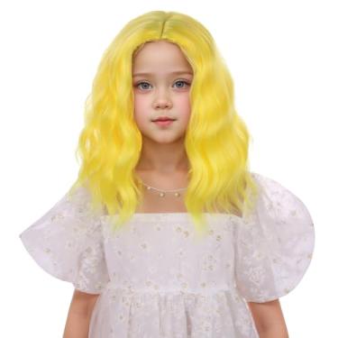 Imagem de Edivd Peruca amarela para crianças, curta, amarelo-claro, parte lateral, ondulada, encaracolada, perucas para meninas, perucas sintéticas resistentes ao calor com touca