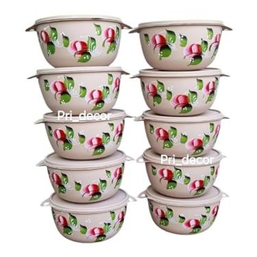 Imagem de Conjunto de 10 Potes Redondos Decorados, 1 Litro, Plástico Livre de BPA, Recipientes para Armazenamento de Alimentos, 9 cm x 15 cm. Bege