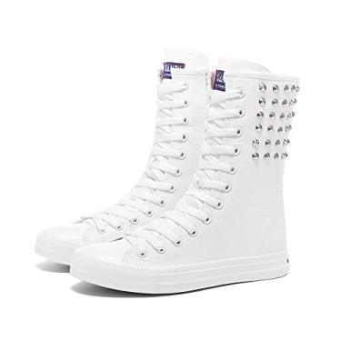 Imagem de Tênis feminino de lona de cano alto com cadarço moderno e casual para meninas, Branco-02, 37