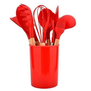 Imagem de Colher De Silicone Com Cabo De Madeira - Kit 12 PeçAs UtensíLios Premium | NãO Risca Panelas Antiaderentes | Presente Para Chá De Panela(VERMELHO)