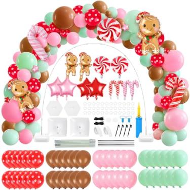 Imagem de Kit de arco de guirlanda de balão de gengibre de Natal ajustável rosa vermelho pastel verde marrom conjunto de suporte de coluna com balões de estrela de bengala doce para decorações de festa de chá