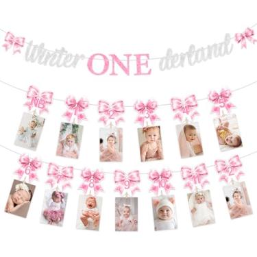 Imagem de Balterever Winter Onederland Decorações de primeiro aniversário para meninas Winter Onederland First Banner Pink Bow First Birthday Photo Banner para arco rosa floco de neve suprimentos de 1º