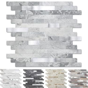 Imagem de Yipscazo 10 folhas de revestimento de azulejo de metal de pedra, cole em azulejos para cozinha, banheiro, lavanderia, acampamento, lareira (30 x 30 cm, pedra cinza com metal)