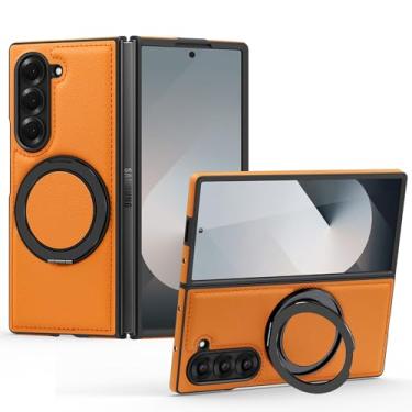 Imagem de Capa de couro magnética para Samsung Galaxy Z Fold 6, [compatível com MagSafe] Capa protetora fina para celular com suporte ajustável com rotação de 360° (laranja)