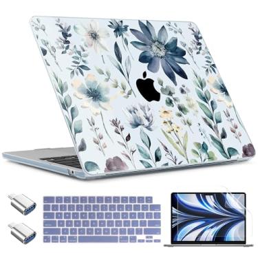 Imagem de TWOLSKOO Compatível com capa M4/M3/M2 MacBook Air de 13,5 polegadas 2025 2024 versão 2022 modelo A3240 A3113 A2681, capa rígida de plástico, capa de teclado, adaptador tipo C, protetor de tela, flores