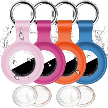 Imagem de Pacote com 4 compatíveis com porta-AirTag com chaveiro IPX8 à prova d'água, capa para GPS à prova de choque [antiarranhões] [PC + silicone] Capa localizadora de itens para animais de estimação
