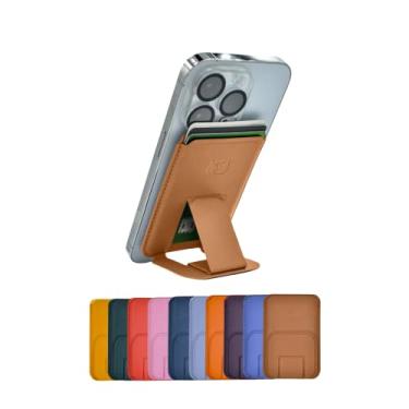 Imagem de Carteira minimalista para cartão magnético com suporte, compatível com MagSafe, para iPhone 15 14 13 12 Pro Max/Pro/Mini, comporta 3 cartões, couro vegano (marrom dourado)