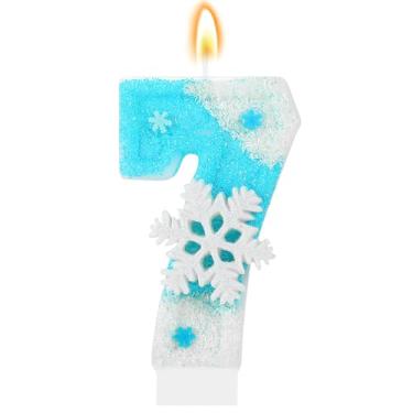 Imagem de IDIJOLI Vela de aniversário Frozen, floco de neve, número 7, topo de bolo, decoração de cupcake, decorações de festa de 7 anos, aniversário, comemorações, suprimentos, lembrancinhas