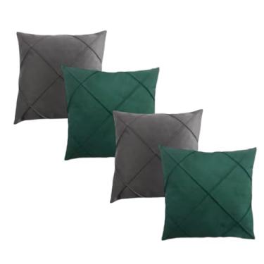 Imagem de Kit 04 Almofadas Cheias em Suede Drapeada 45x45cm Decorativas Sala Quarto Sofá(Verde com cinza)