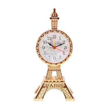 Imagem de Fenteer Torre Eiffel Relógio de Mesa Despertador Multifuncional Portátil Prático Sala de Estar Dormitório Mesa Fazenda Estilo Vintage Decoração, Ouro