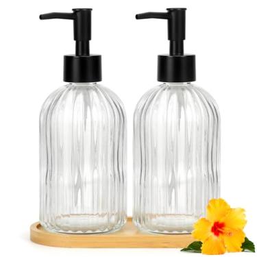Imagem de Conjunto de dispensador de sabão de cozinha com bandeja de madeira, dispensador de sabão de vidro com bomba de plástico, conjunto de mão e prato para decoração de banheiro (transparente)