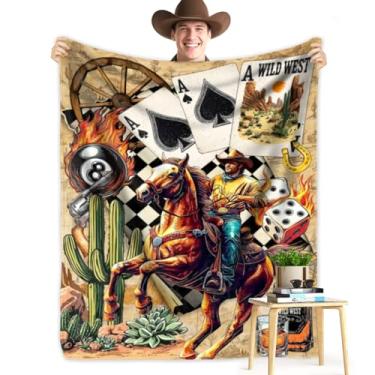 Imagem de EluteFpme Cobertor de cowboy ocidental, cobertor quente de flanela de caubói do oeste ocidental, cobertores e mantas de cavalo, tema country americano para acampamento ao ar livre, sofá-cama 152 x 127