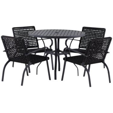 Imagem de Kit 4 Cadeiras Corda Náutica e Mesa Tampo Ripado Varanda Alumínio Varanda Edícula