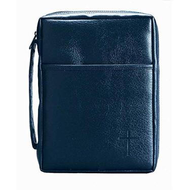 Imagem de Cruz azul em relevo com bolso frontal, capa de couro para bíblia com alça, grande