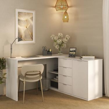 Imagem de Escrivaninha Versátil em L ou Extensível 4 Gavetas 1 Porta 2 Nichos Branco