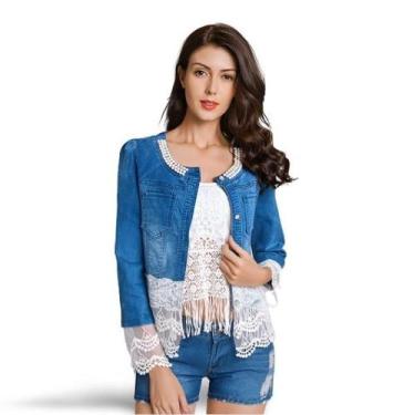 Imagem de Jaqueta jeans feminina com decoração de pérolas, punhos de renda, moda