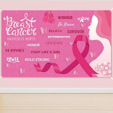Imagem de Sayrrame Pano de fundo de banner de conscientização do câncer de mama, decoração de fundo de suporte de bandeira de câncer de mama, bandeira de fita rosa para decoração de jardim ao ar livre, inclui