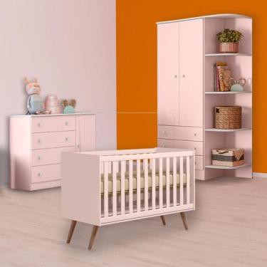 Imagem de Berço Mini Cama Retrô, Cômoda Sapateira e Guarda Roupa Rosa - Qmovi