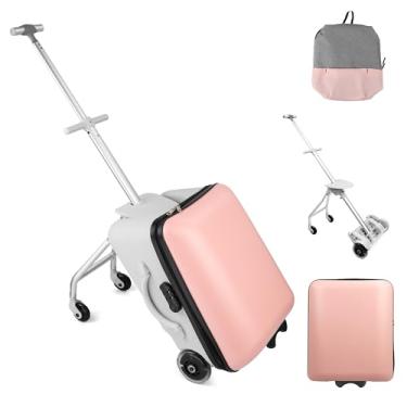 Imagem de MAKELEN Mala de viagem infantil com rodas extensíveis e mochila removível – Bagagem de mão rígida leve com banco embutido, mala infantil divertida para meninos e meninas, rosa, 23x15x10