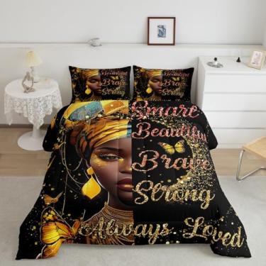 Imagem de Conjunto de cama étnico para meninas africanas, tamanho Queen, inspirador, citações positivas, motivacional, preto, conjunto de edredom com borboleta dourada, 3 peças, 1 conjunto de edredom com 2