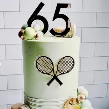 Imagem de Topper de bolo de feliz aniversário, raquetes e bolas douradas de acrílico para tênis, esportes, temas, lembrancinhas, decorações para homens, mulheres, crianças, artigos de decoração de festa de