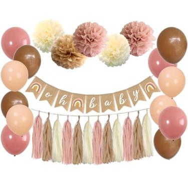 Imagem de Pacote com 40 boêmios, arco-íris, chá de bebê, gênero neutro, festa Oh Baby, faixa de estopa, borla de tecido, pompons, rosa malva rosa nude, balões marrons pano de fundo, berçário, sala de aula, decoração de casamento