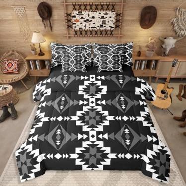 Imagem de Jogo de lençol casal asteca ocidental, 7 peças, nativo americano, Navajo, para meninos e adolescentes, geométrico, étnico americano, nativo americano, decoração rústica de fazenda, preto e branco