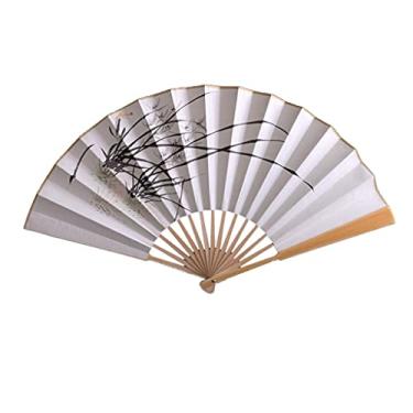 Imagem de FKJLUN Ventilador dobrável feito à mão em estilo japonês, ventilador dobrável de papel de arroz pintado à mão, ventilador de presente de artesanato estilo chinês retrô antigo, ventilador de bambu