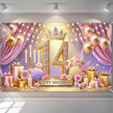 Imagem de HOMETITUTE Pano de fundo de feliz aniversário de 14º aniversário para meninas, fundo de coroa de festa de princesa com balões, flores e velas, faixa de aniversário ao ar livre para fotografia de fundo