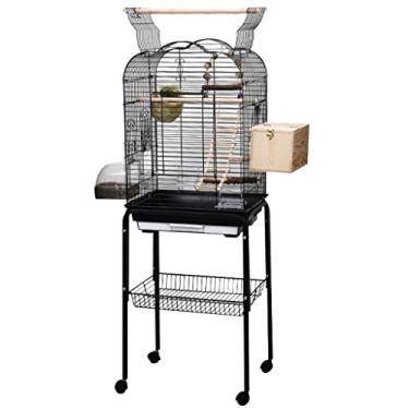 Imagem de Gaiola de pássaro gaiola de pássaro com suporte gaiola de voo preta com suporte de rolamento removível, gaiola de periquito grande de ferro forjado, gaiola de viagem de pássaro pequena média aberta