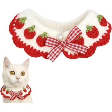 Imagem de Aoeeki Coleira para gatos, coleira de gatinho com linda gravata borboleta e padrão de morango, confortável para gatinhos e filhotes pequenos, bandana serve para pescoço de 5 a 7 cm (P) (branca)