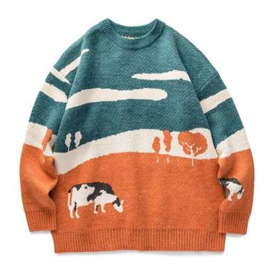 Imagem de Suéter Flygo Cow Print Harajuku de tamanho grande para homens laranja