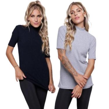 Imagem de KIT 2 Blusa Manga Curta Gola Alta Vekyo Em Malha Canelada Blogueira Mo