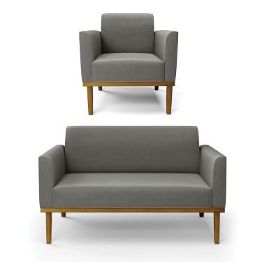 Imagem de Sofá Namoradeira com Poltrona Base de Madeira Fixa Castanho Marisa Suede Grafite D03 - D'Rossi