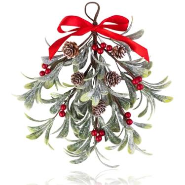 Imagem de Mntrprko Decoração artificial de visco de Natal 30,5 cm buquê gigante de beijo de visco para decoração de guirlanda floral de Natal (1, vermelho)