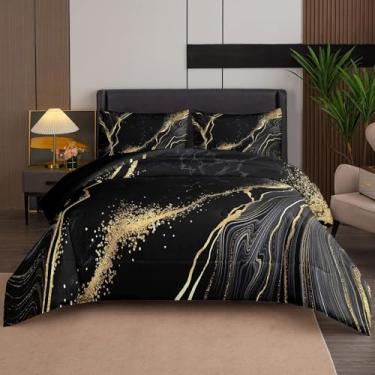 Imagem de Tailor Shop Conjunto de cama solteiro de mármore, preto e dourado, 5 peças, para crianças, homens e mulheres