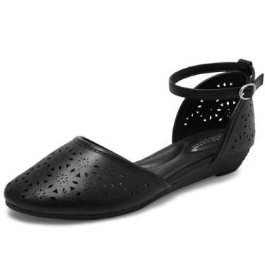 Imagem de MaxMuxun Sandálias femininas 2026 romana tira no tornozelo salto baixo plataforma sandálias para mulheres gaiola bico fechado sandálias planas com palmilha acolchoada, Preto, 40