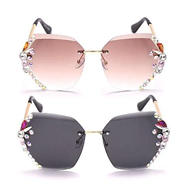 Imagem de Óculos de sol quadrado cristal feminino óculos de sol sem aro strass feminino feito à mão diamantes tendência gradual festa óculos, 2 pacotes preto e marrom, Medium