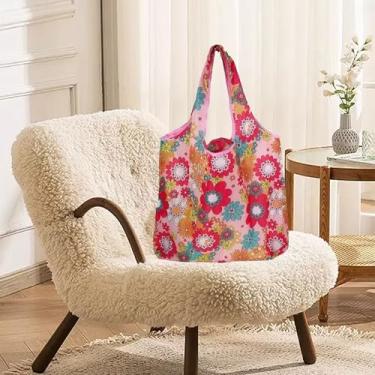 Imagem de Sacola de compras reutilizável dobrável no bolso, sacola ecológica à prova d'água e lavável na máquina, bolsa reciclada compacta para mantimentos diários, viagens, produtos e armazenamento margaridas