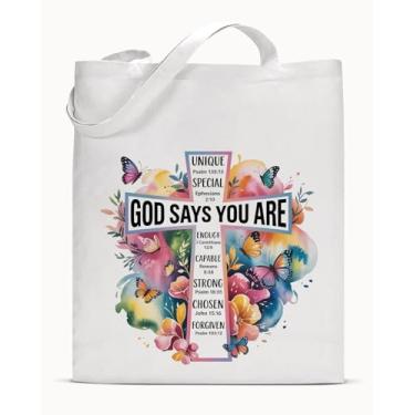 Imagem de Christian God Says You Are Sacola de lona para mulheres, meninas, inspiradora, floral, borboleta, estética, reutilizável, mercearia, bolsa de ombro para compras, trabalho, viagens, presentes